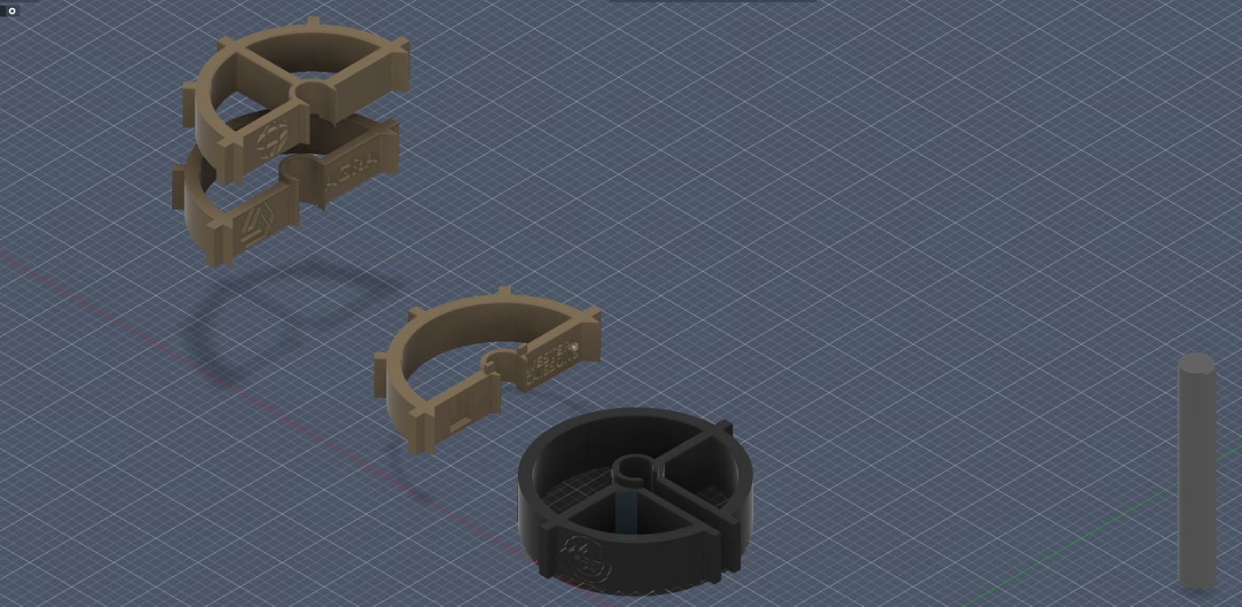 CAD workspace showing ring/collar component variants rebuilt from a physical part, with internal ribs and a central hub.